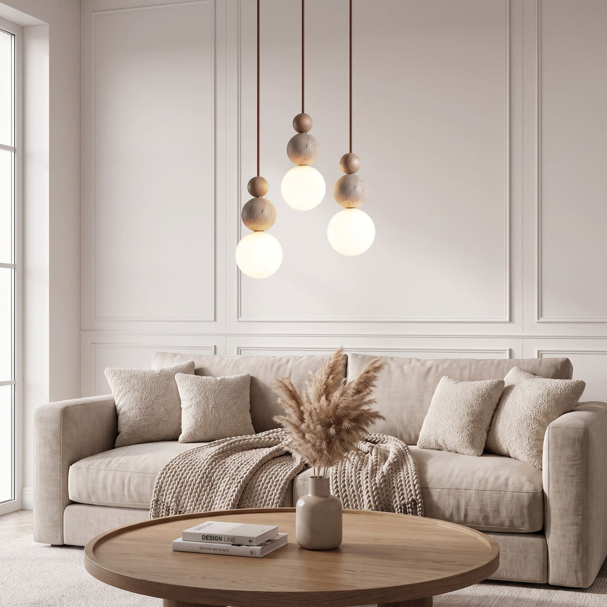 Suspension chic en verre opalin, pierre naturelle et bois | PERLINE