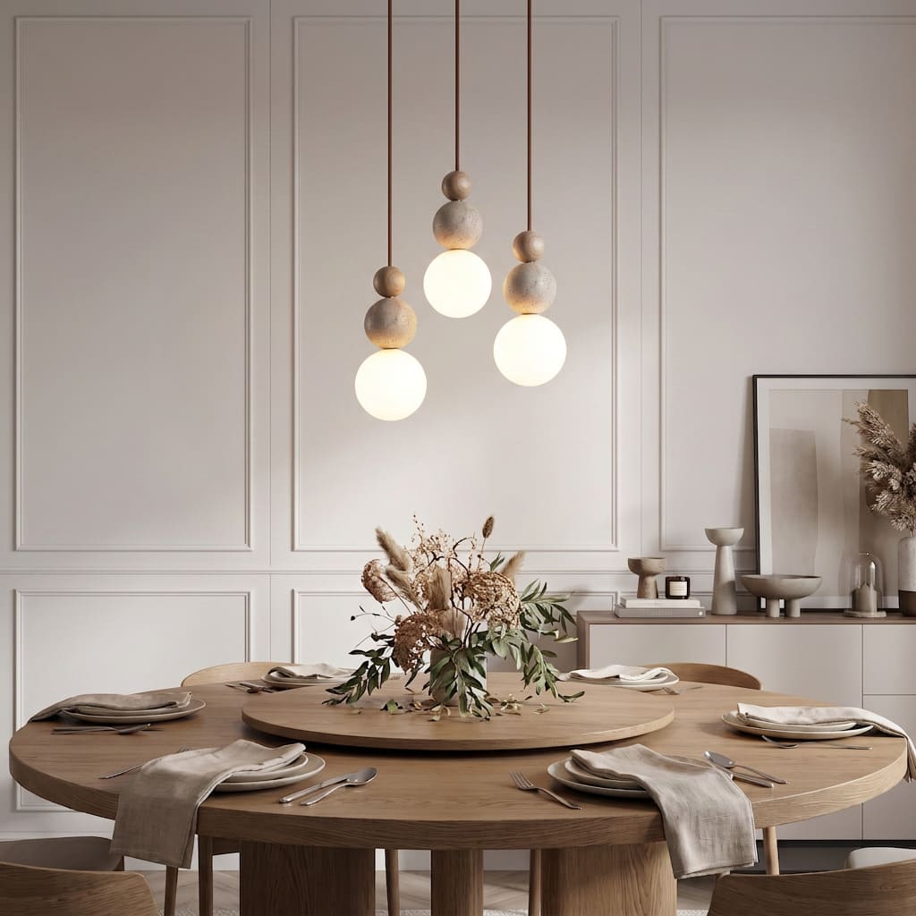 Suspension chic en verre opalin, pierre naturelle et bois | PERLINE