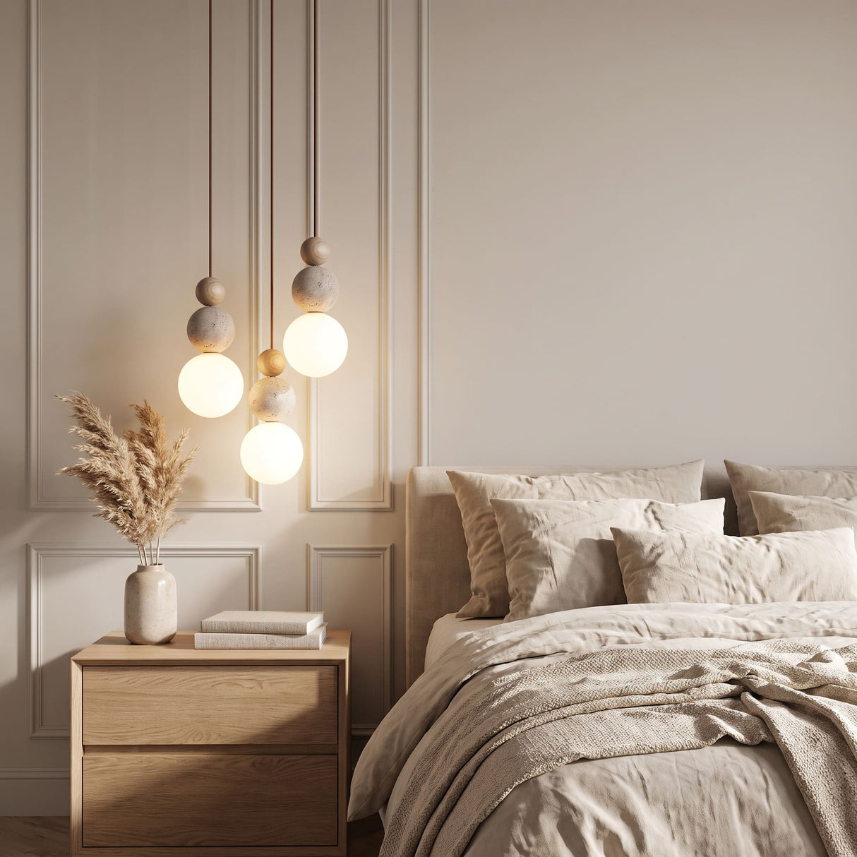 Suspension chic en verre opalin, pierre naturelle et bois | PERLINE