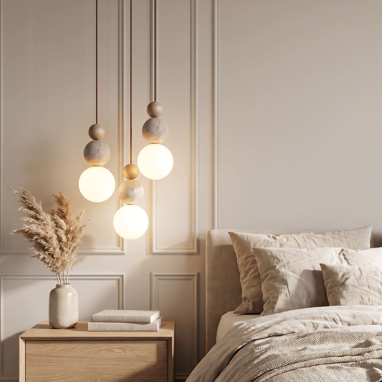 Suspension chic en verre opalin, pierre naturelle et bois | PERLINE