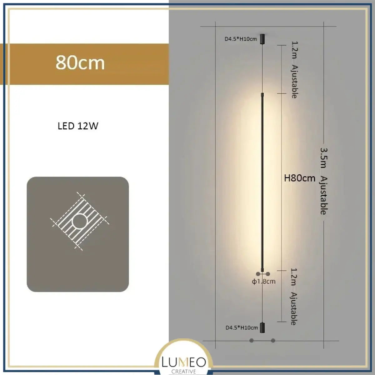 Tube lumineux mural vertical LED | Luminaire minimaliste avec option prise intégrée 80 cm / Sans prise / Blanc neutre